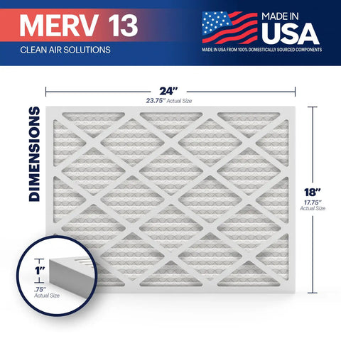 18x24x1 MERV 13 Electrostatic Pleated Air Filter 4 Pack for HVAC AC Furnace Made in USA, showing dimensions and close-up detail