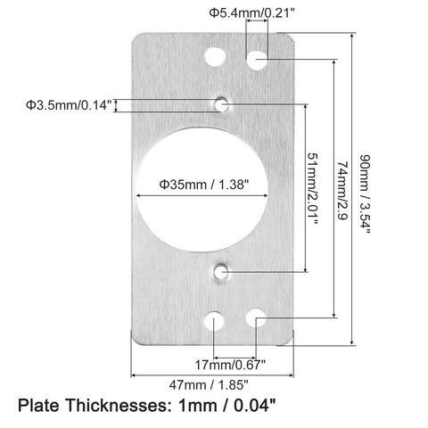 Diagram of 8 Piece Cabinet Hinge Repair Plate Kit 90x47 mm Stainless Steel Brackets With Screws For Wooden Doors And Kitchen Cupboards Repair And Upgrade Silver, showing dimensions and hole sizes.