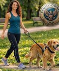 Woman walking golden retriever with Front Clip No Pull Dog Leash Attachment With Torso Loop, Chest Loop Design Redirects Forward Momentum For Calm, Safer Walks, Reduces Pulling And Lunging Without Neck Pressure, Everyday Training Accessory For Dog Owners