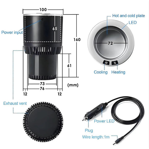 Ride Ready Two In One Car Cup Cooler Warmer And Smart Auto Tumbler Holder That Keeps Your Daily Brew Iced Down Or Steaming Hot In Minutes Perfect For Road Trips And The Daily Grind White Silver dimensions and components diagram