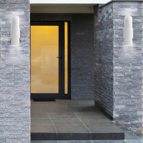 Two Light Outdoor LED Up And Down Wall Sconce 20W 120-277V White Finish Large Outdoor Wall Light on brick exterior entryway