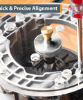 Clear Acrylic Router Base Plate Six Point Five Inch With Centering Pin And Mounting Screws shown in precise alignment