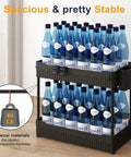Total Game Changer Two Pack Under Sink Cabinet Organizer Rack With Sturdy Hooks and Hanging Cup to Slap Order on Messy Closets for Cleaners Bottles and Kitchen Goods, holding multiple water bottles.