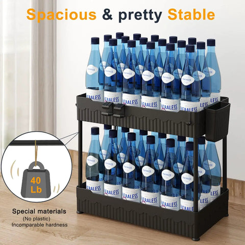 Total Game Changer Two Pack Under Sink Cabinet Organizer Rack With Sturdy Hooks and Hanging Cup to Slap Order on Messy Closets for Cleaners Bottles and Kitchen Goods, holding multiple water bottles.