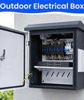 Heavy Duty Lockable Electrical Enclosure Rig, IP65 Waterproof Junction Box With Integrated Thermostat And Cooling Fan, Gray and White open view with wiring inside.