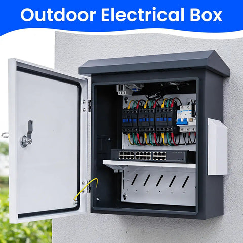 Heavy Duty Lockable Electrical Enclosure Rig, IP65 Waterproof Junction Box With Integrated Thermostat And Cooling Fan, Gray and White open view with wiring inside.