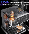 Pro Level Home Espresso Machine With Built In Conical Burr Grinder 20 Bar Pressure Touchscreen Interface One cup of espresso being brewed.