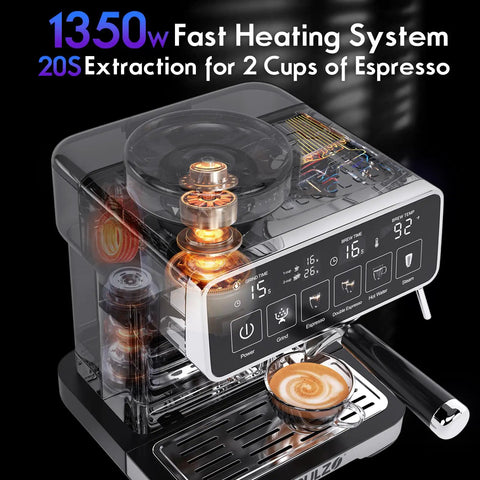 Pro Level Home Espresso Machine With Built In Conical Burr Grinder 20 Bar Pressure Touchscreen Interface One cup of espresso being brewed.