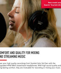 Woman using Scarlett Solo Studio 3rd Gen USB Audio Interface Bundle with headphones and mic for music recording and streaming.