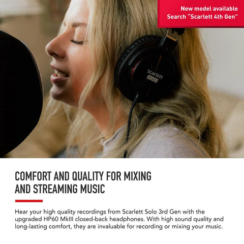 Woman using Scarlett Solo Studio 3rd Gen USB Audio Interface Bundle with headphones and mic for music recording and streaming.