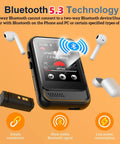 Bluetooth 5.3 Portable Music Player With Built In Speaker And Micro SD Slot Up To 512GB FM Radio Video Playback Voice Recording Earphones Included Kid Friendly Gift For Kids On The Go Jogging Or Travel shown with wireless signal and earphones.