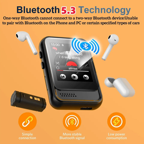 Bluetooth 5.3 Portable Music Player With Built In Speaker And Micro SD Slot Up To 512GB FM Radio Video Playback Voice Recording Earphones Included Kid Friendly Gift For Kids On The Go Jogging Or Travel shown with wireless signal and earphones.