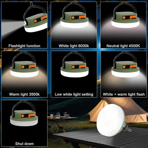 Rechargeable Camping Light Lantern with Six Modes and Three Color Temps, waterproof, army green, showing different light settings