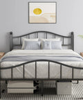 Rock Solid Full Size Metal Bed Frame With Headboard Heavy Duty Steel Squeak Free Design Noise Dampening Joints supports a plush mattress.
