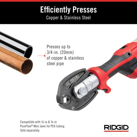 Ultra Lightweight Mini Press Tool Kit With ProPress Jaws For One Half To Three Quarters Inch shown pressing copper pipe