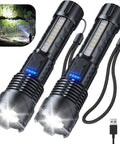 90000 Lumen Rechargeable LED Flashlight 2 Pack with 7 Modes, IPX6 Waterproof, handheld design, USB cables included