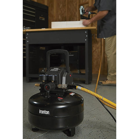 Portable 3 Gallon Air Compressor 0.3 HP 110 PSI Max Pressure Oil Free Pump in workshop for quick DIY tasks.