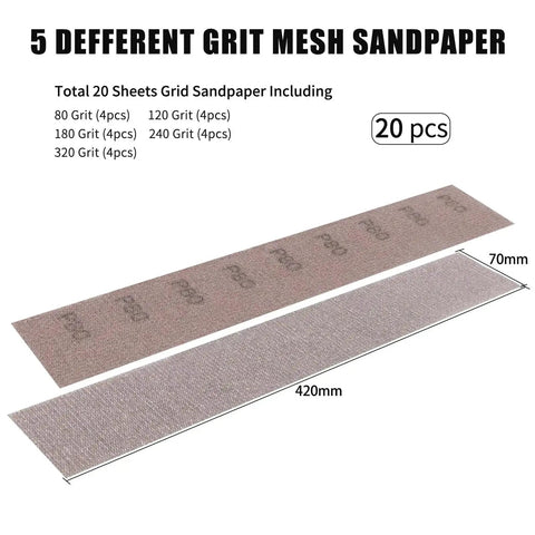 Heavy Duty Mesh Sanding Sheets For Wood Drywall And Metal, Hook Loop Strips In 20Pcs Assorted Grit Size Ranging From 80 Up To 320, 70x420mm.
