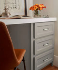 Contemporary Satin Nickel Cabinet Pull Rift Finish with Four and a Quarter Inch Overall Length installed on drawer handles in office.