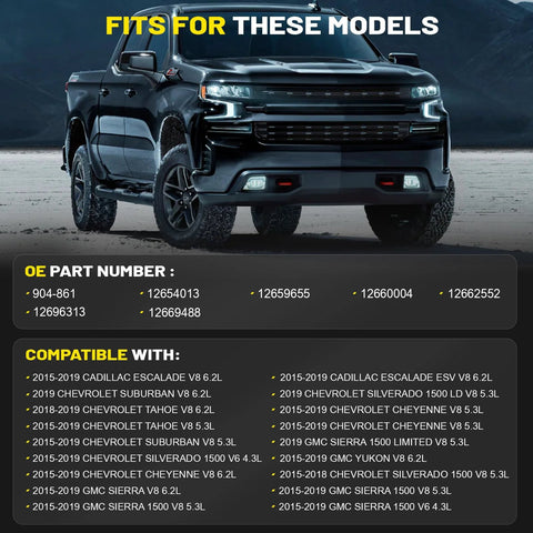 Brake vacuum pump for GM SUVs; front view of a black pickup with yellow compatibility text overlay.