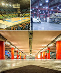 Mega Bright 19800LM LED Garage Light illuminating large indoor areas like a gymnasium, warehouse, and parking garage.