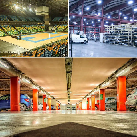 Mega Bright 19800LM LED Garage Light illuminating large indoor areas like a gymnasium, warehouse, and parking garage.