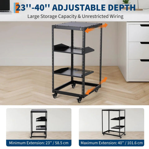 Rock Solid 20U Open Frame Network Rack Hella Sturdy Cold Rolled Steel Server Cabinet With Super Adjustable Depth 23 to 40 inches.