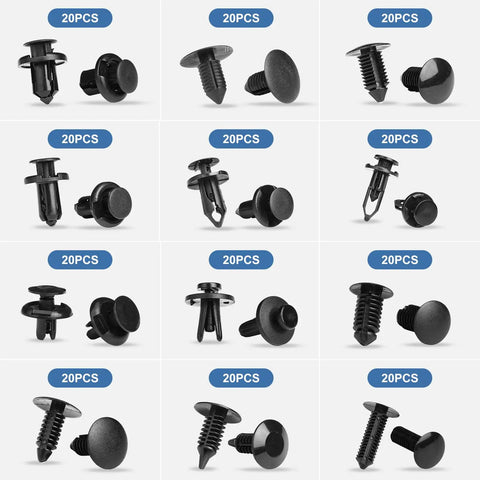 240 Piece Car Bumper Clips And Plastic Rivets Kit With 12 Popular Sizes And 5 Fastener Removers, assorted clips displayed