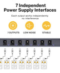 Portable Guitar Pedal Power Supply with 7 isolated DC outputs, 6x9V 100mA and adjustable 9V 300mA, shown with interface diagram