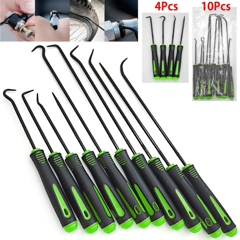 Ten-piece precision pick and hook set with black handles and green accents for automotive seal and O-ring removal