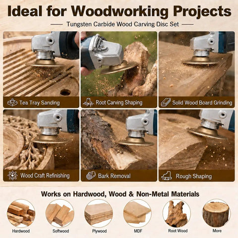 Multi Disc Wood Carving Kit with Tungsten Carbide Wheels and Upper Clamping Plates for Cutting, Shaping, Sanding and Grinding