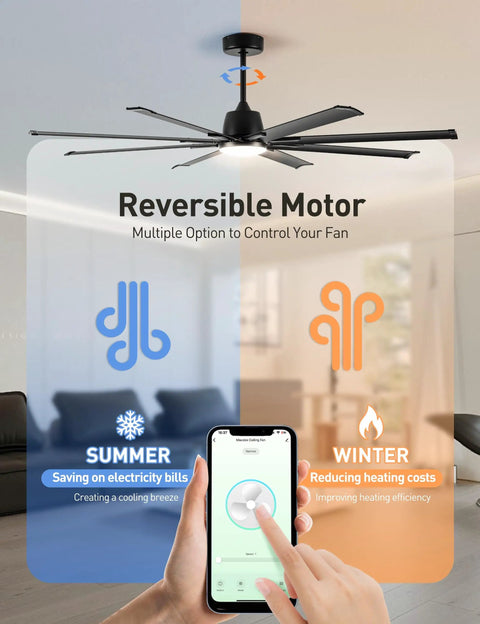 72 Inch Ceiling Fan With Light And DC Motor, Industrial Style Ceiling Fan With 8 Black Aluminum Blades, Smart Alexa Compatible, Indoor Outdoor Use For Patio Garage Living Room, Energy Efficient And Quiet showing reversible motor options on a smartphone app
