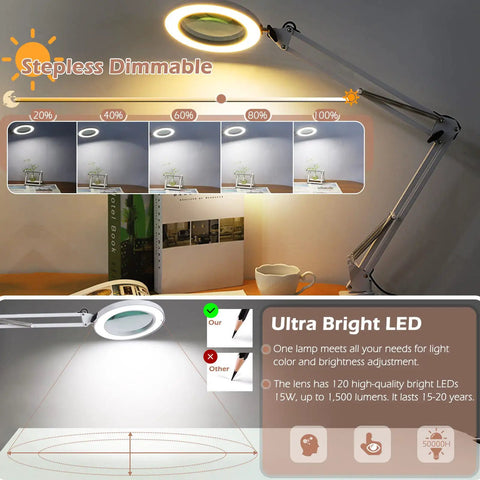 8x Magnifying Glass With Light For Close Work 5 Inch Real Glass Lens Desk Magnifier with Clamp showing LED brightness levels