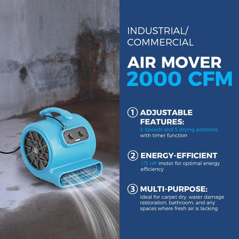 Powerhouse 2000 CFM Air Mover for Industrial Drying showing adjustable features, energy efficiency, and multi-purpose use in a commercial space.