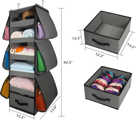 Beefy 66 Pound Capacity Hanging Closet Organizer with collapsible shelves, nonwoven fabric, and side pockets for storage, gray.