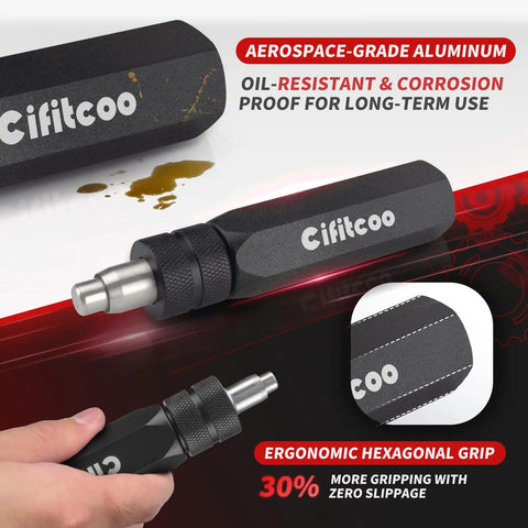 Dual Size PTFE Hose Tool with ergonomic hexagonal grip and oil-resistant black anodized aluminum body for reaming PTFE ends.