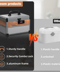 Comparison of Durable Aluminum Alloy Security Lock Box With 3 Digit Code Lock and a plastic lock box showing features.