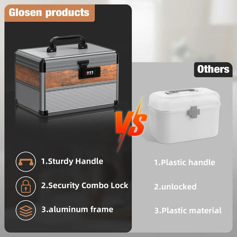 Comparison of Durable Aluminum Alloy Security Lock Box With 3 Digit Code Lock and a plastic lock box showing features.