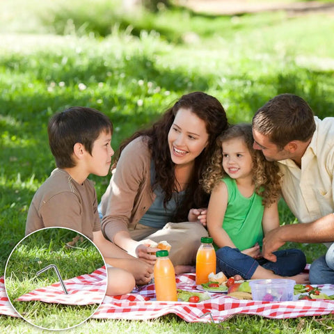 Family picnic with Beefy Heavy Duty Metal Tent Stakes Set 17 Pack securing blanket, showing 4mm thick galvanized steel pegs.