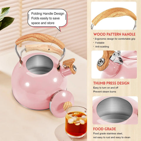 Pink Stainless Steel Tea Kettle For Stove Top 2.6 Qt Whistling Kettle With Wood Pattern Folding Handle And Thumb Control Spout