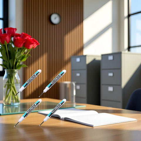 Heavy Hitter White Oil Based Permanent Markers Pro Grade Industrial Pens for Metal Glass and Hard Surfaces on desk with book.
