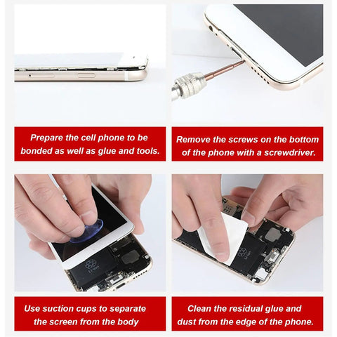 Steps showing how to repair a phone using Ultra Strong T7000 Phone Repair Glue For Screen And Frame Repair Multipurpose Adhesive