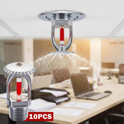 Pro Grade Fire Sprinkler Head 10 Pack Triggers Quick Response Activation At 155F with downward water spray in office setting.