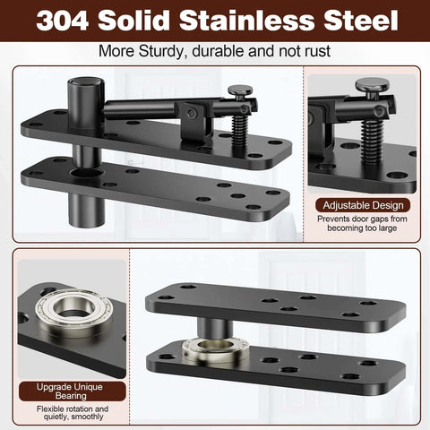 Front view of hidden door hinge, 304 solid stainless steel, 570-lb load, 360° rotating concealed hinge
