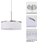 Drum Pendant Light With Brushed Nickel Trim And Linen Shade 14 Inch LED Fixture 25W 1200 Lumens Color Temperature Switchable