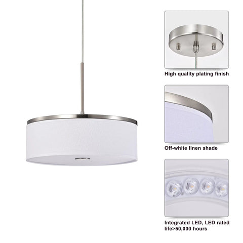 Drum Pendant Light With Brushed Nickel Trim And Linen Shade 14 Inch LED Fixture 25W 1200 Lumens Color Temperature Switchable