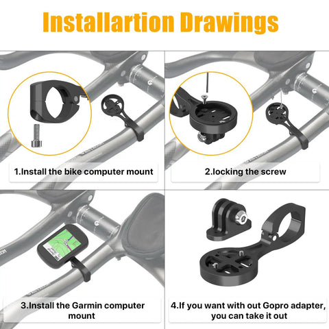 Installation drawings for All In One Bike Computer Mount With GoPro Adapter For Edge Series And Other GPS Units
