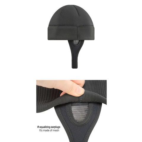Thermal Neoprene Hood Cap For Freediving And Sea Swimming With Adjustable Chin Strap Beanie Hat Black Large Offers Warmth In Cold Water Durable Stitching Snug Fit Quick Release Strap Ideal For Skin Diving And Ocean Snorkeling. Mesh earplug detail shown.