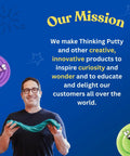 Man holding Crackle And Kracken Thinking Putty in a 4 inch tin with mission statement, creative and innovative sensory products.