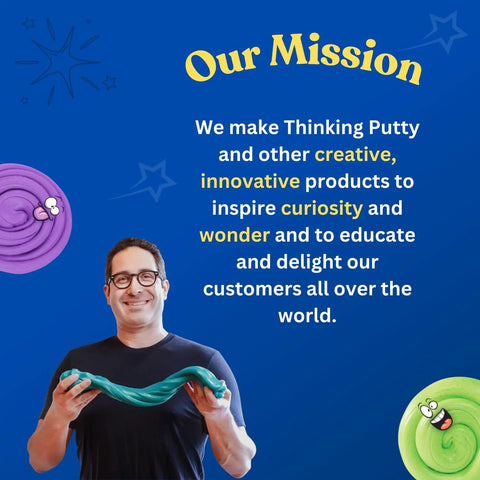 Man holding Crackle And Kracken Thinking Putty in a 4 inch tin with mission statement, creative and innovative sensory products.